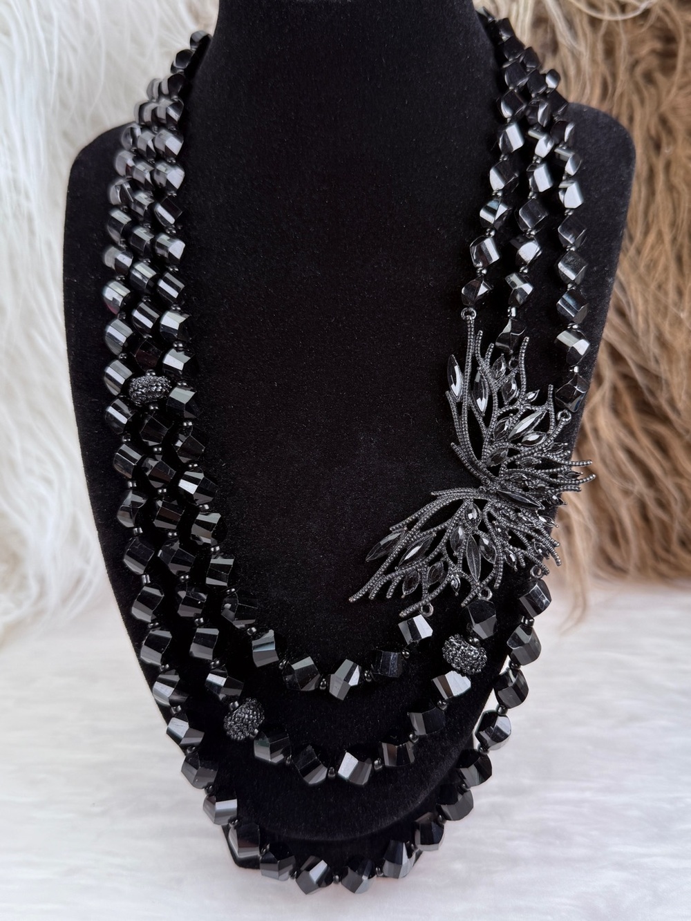 Vintage Black Beaded Statement Necklace Gunmetal Floral Accent Multi Strand